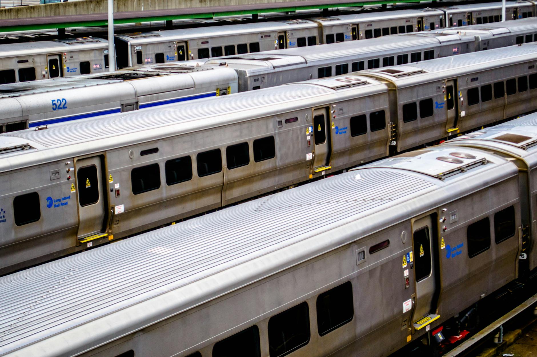 Aerial view of Long Island Rail Road trains in a station in New York. Perfect for travel and transportation themes.